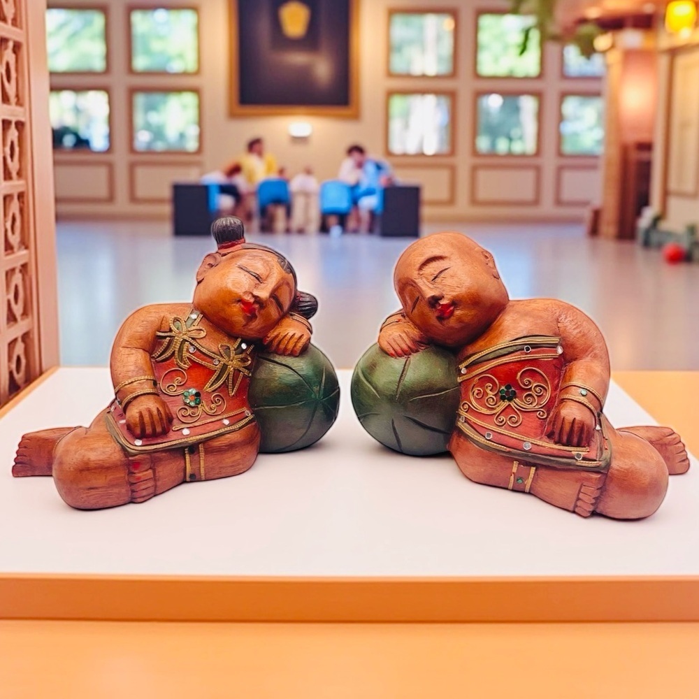Vtg Asian Wood Hand Carved Sleeping Children Figurines Good Luck Symbol Thailand